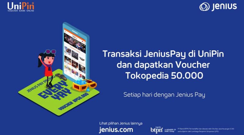 Top Up di UniPin menggunakan JeniusPay dan dapatkan Tokopedia Voucher sebesar 50.000!