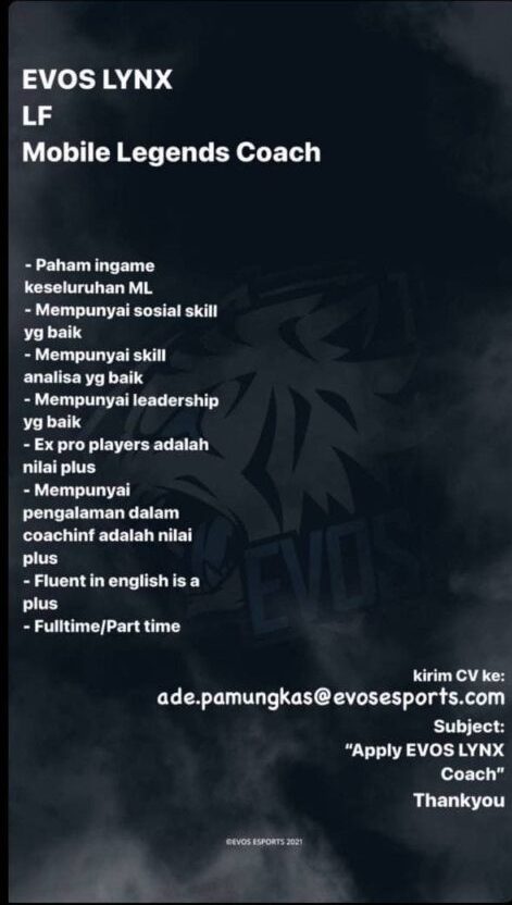 Evos Lynx Buka Lowongan Coach Ini Syaratnya