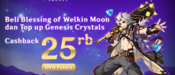 Beli Blessing of the Welkin Moon atau Top Up Genesis Crystal dan Dapatkan Cashback 25.000 OVO Points serta Merchandise Genshin Impact!