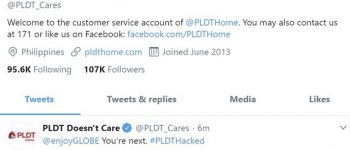 PLDT support Twitter account hacked
